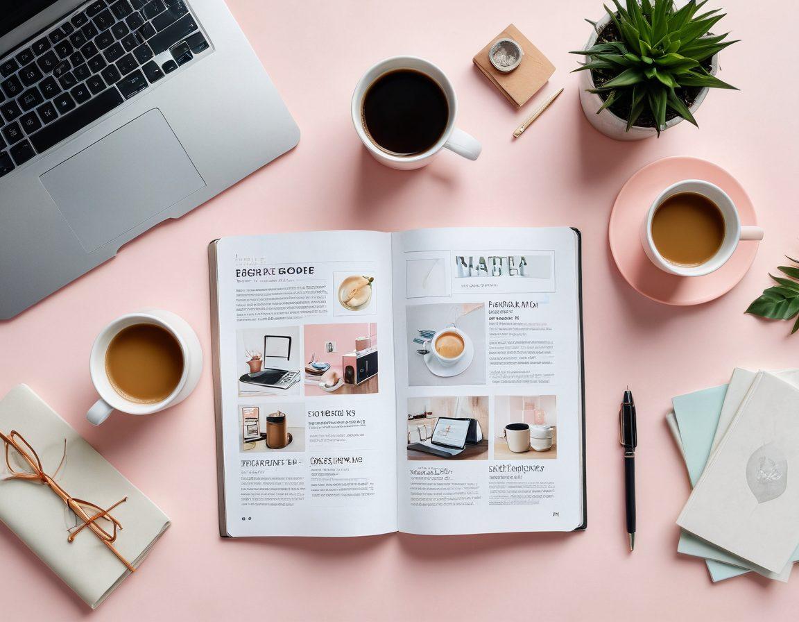 An elegant digital magazine layout with vibrant visuals, showcasing various articles and images. Include elements like a sleek laptop, a cup of coffee, and an open notebook on a stylish desk. The background should feature a soft blend of pastel colors for a calming effect. Add icons representing delivery services, such as a paper plane and digital packages. vibrant colors. modern design. watercolor style.