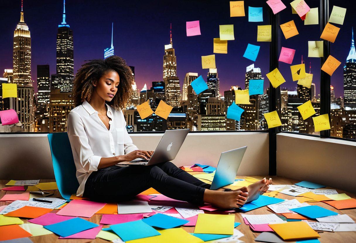 A modern blogger working on a sleek laptop surrounded by vibrant sticky notes and colorful charts, symbolizing creativity and organization. The background features a digitally transformed cityscape representing the vastness of the blogosphere, with social media icons swirling around. Soft glow and warm colors to enhance the inviting atmosphere of online journal writing. vibrant colors. super-realistic.