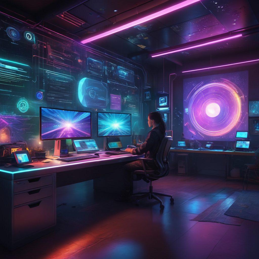 An imaginative illustration of a futuristic workspace featuring a glowing fulldls device at the center, surrounded by floating, holographic content creation tools and file transfer icons. The background depicts a seamless digital landscape, blending creativity and technology, with vibrant energy flowing between the elements. Add a diverse group of creators engaged in action, showcasing collaboration and innovation. emphasis on brilliance and smoothness. cyberpunk. vibrant colors. digital art.